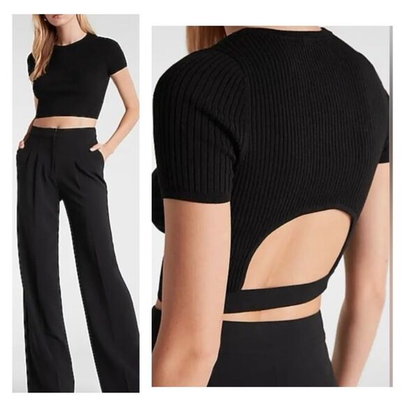 Express Tops - Express Body Contour Cutout Cropped Sweater Knit Top Ribbed Black L